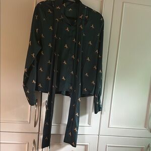 Forever 21 Satin texture Dark Green Blouse Gold colour Horse Print